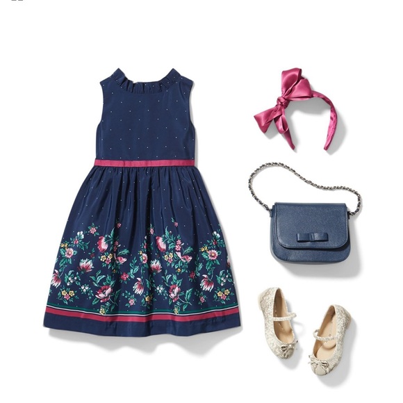 • Janie and Jack • Baby Girls FLORAL BORDER DRESS Navy Blue / Pink 6-12 Months - Picture 2 of 4